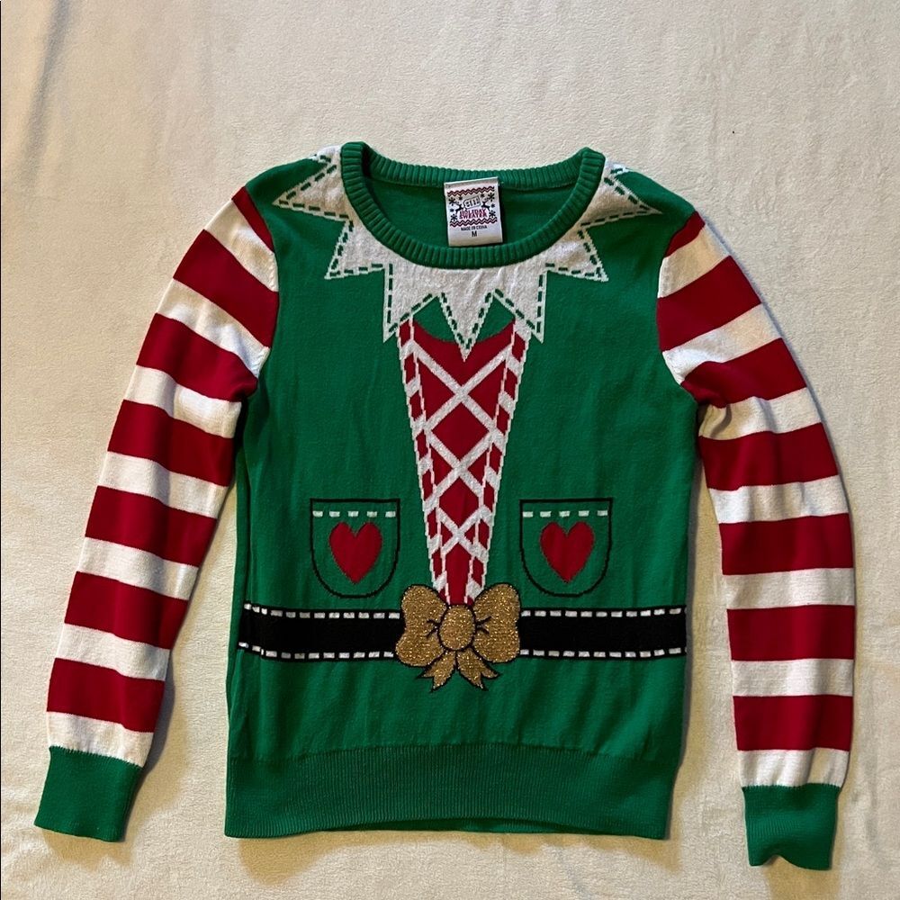 Well Worn Green and Red Elf Sweater